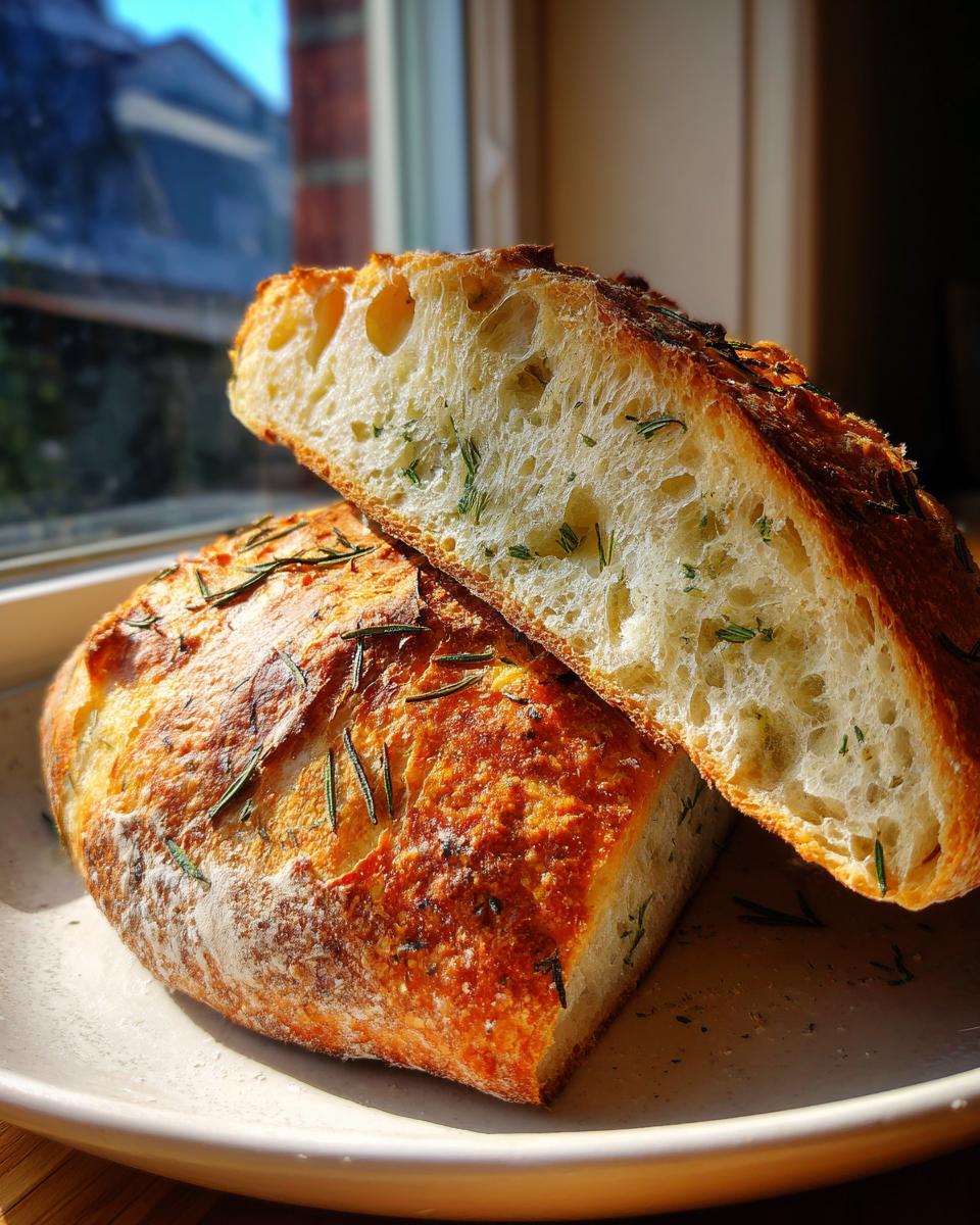 Cross-section showing the airy crumb structure of a rosemary artisan bread loaf, baked golden brown.