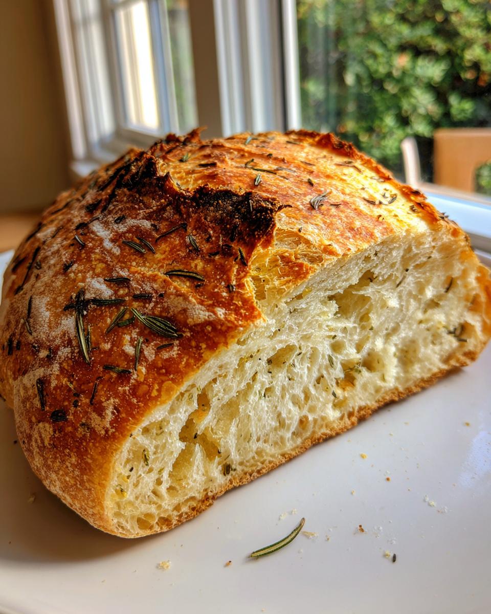 Cross-section of a golden-brown artisan bread loaf topped with rosemary, showing an open, airy crumb structure.