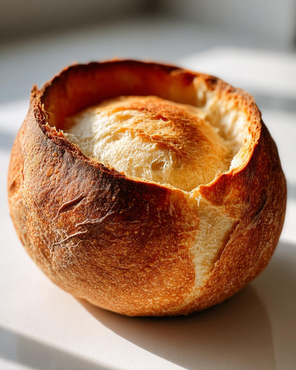 Close-up of a rustic, round bread bowl with a deeply browned, crusty exterior and the soft interior visible.