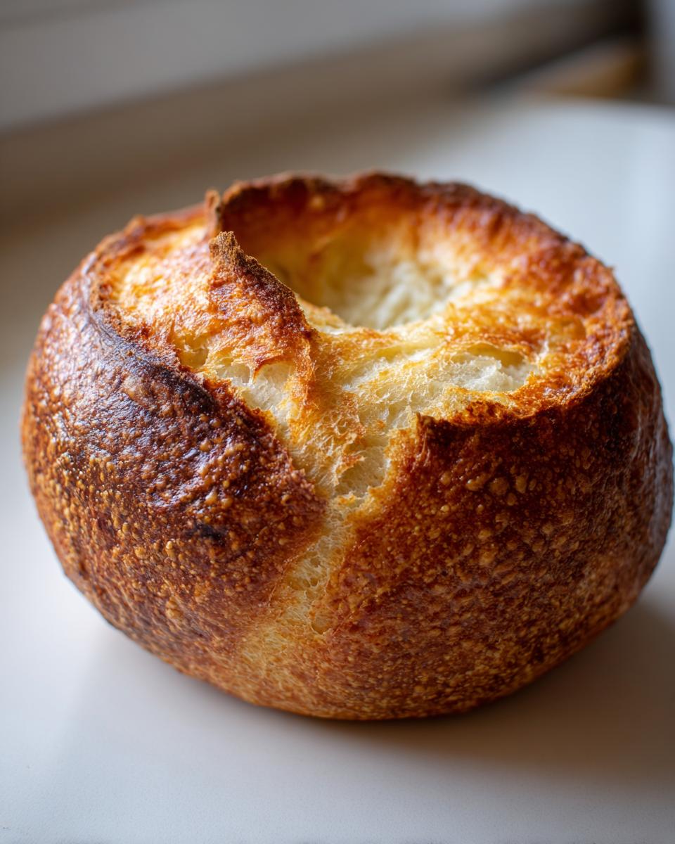 Close-up of a rustic, round bread bowl with a deeply browned, crusty exterior and a cut opening ready for filling.