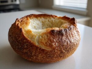 A single, rustic, hollowed-out bread bowl with a dark, crusty exterior, ready to be filled.
