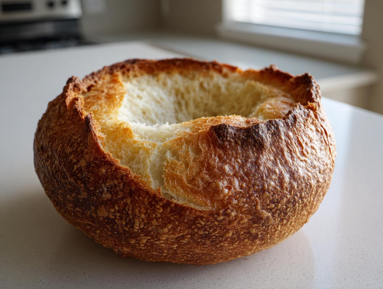A single, rustic, hollowed-out bread bowl with a dark, crusty exterior, ready to be filled.