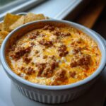 Close-up of a baked sausage cream cheese dip topped with melted orange cheese and served with tortilla chips.