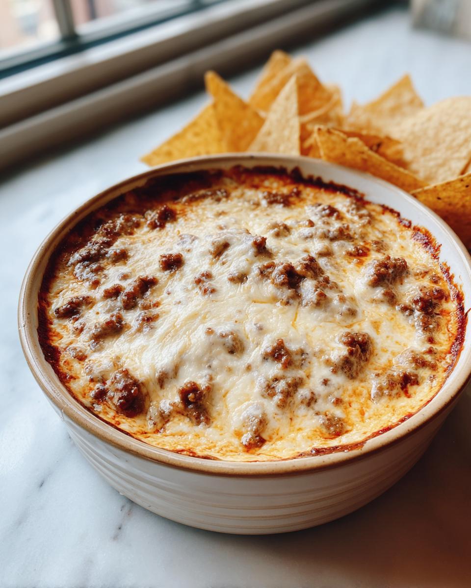 A hot, baked sausage cream cheese dip topped with melted cheese, served in a round dish next to tortilla chips.