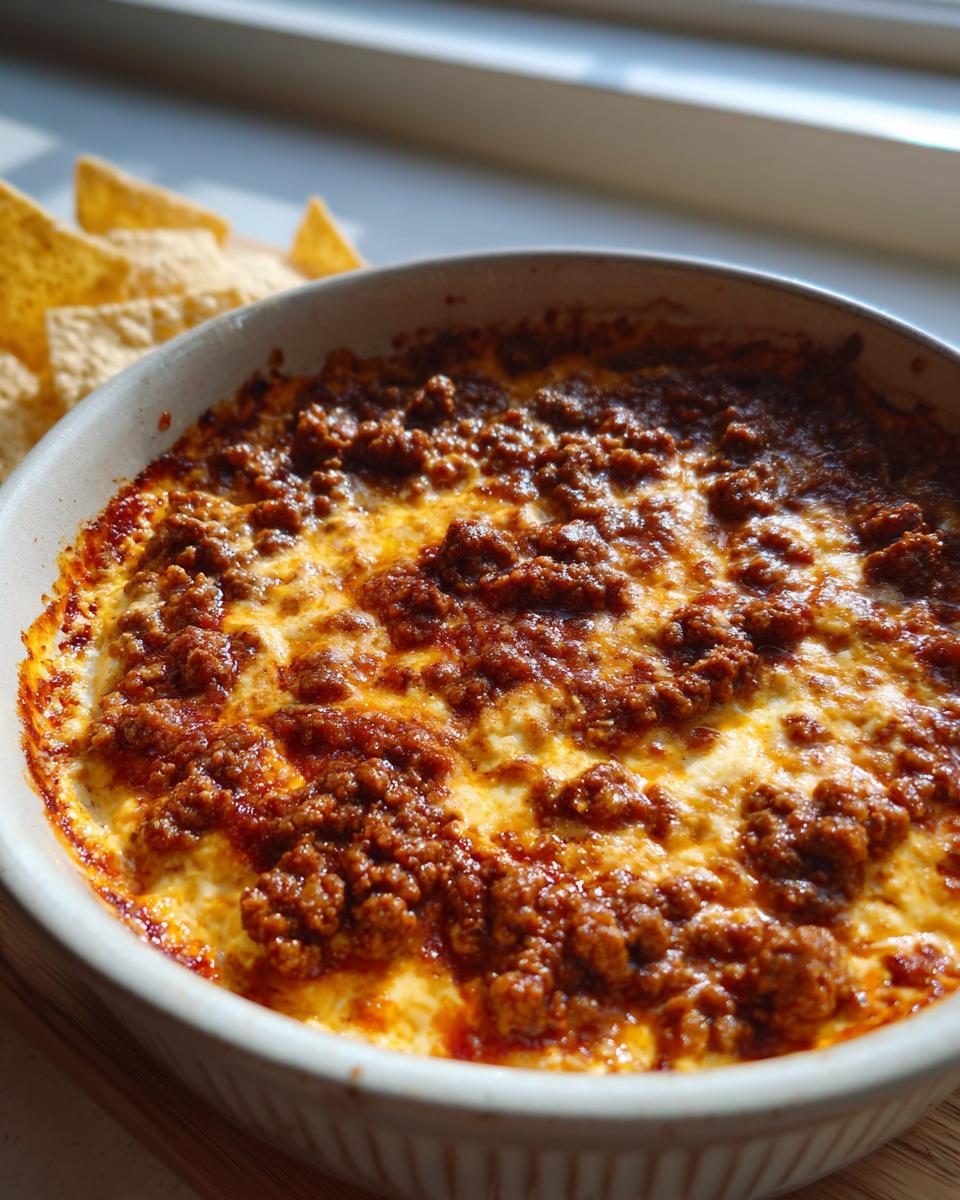 Close-up of baked sausage cream cheese dip topped with browned sausage mixture, served with tortilla chips.