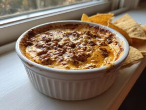 A bubbling, hot sausage cream cheese dip served in a white ramekin next to tortilla chips.