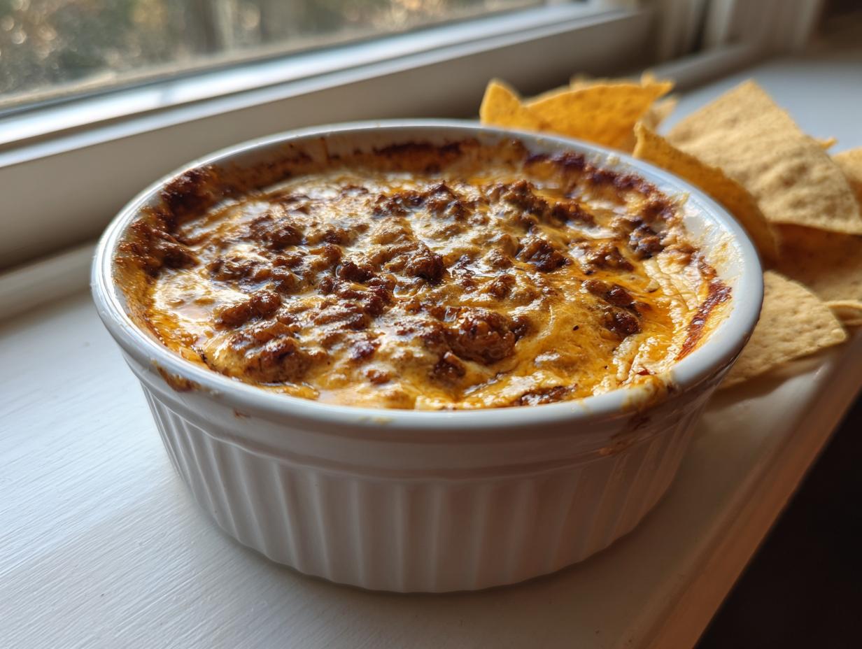 A bubbling, hot sausage cream cheese dip served in a white ramekin next to tortilla chips.