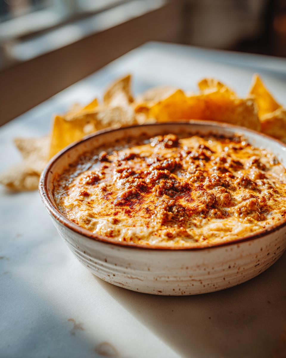 Close-up of a hot, bubbling sausage cream cheese dip in a speckled bowl, served with tortilla chips in the background.