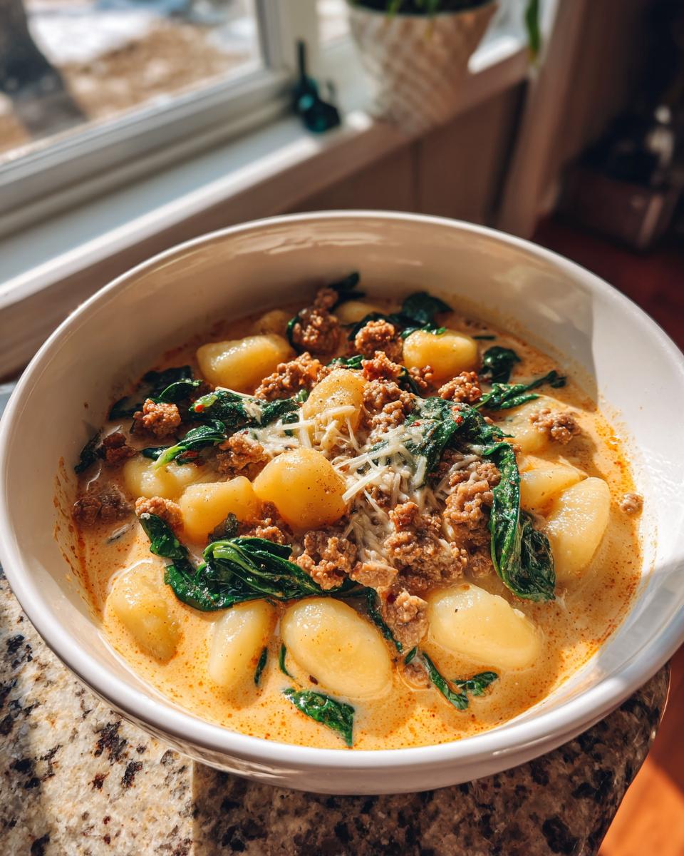 A close-up of a hearty bowl of sausage gnocchi soup with spinach and grated cheese, bathed in sunlight.