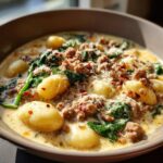 Close-up of a hearty bowl of sausage gnocchi soup with creamy broth, spinach, and grated cheese.