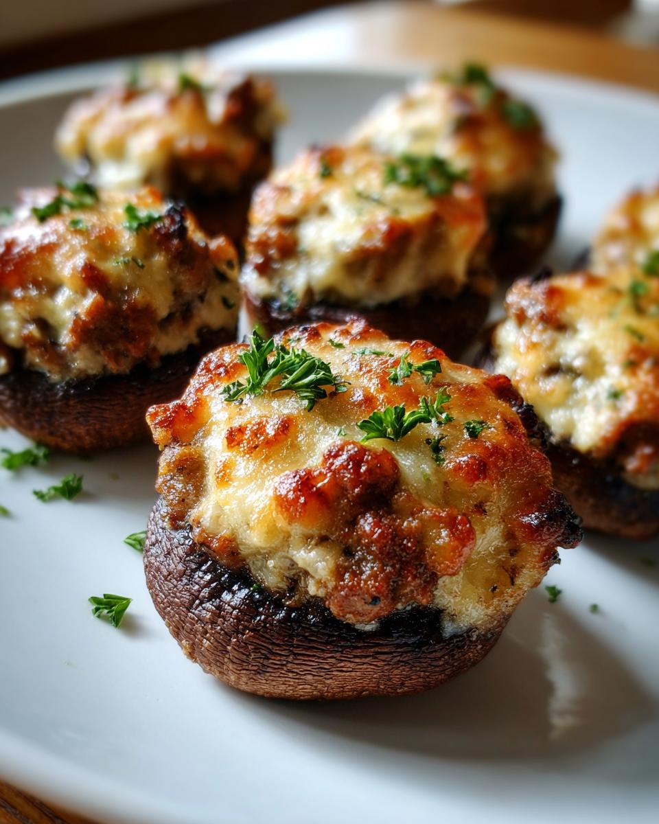 Close-up of several baked sausage stuffed mushrooms topped with melted, browned cheese and fresh parsley.
