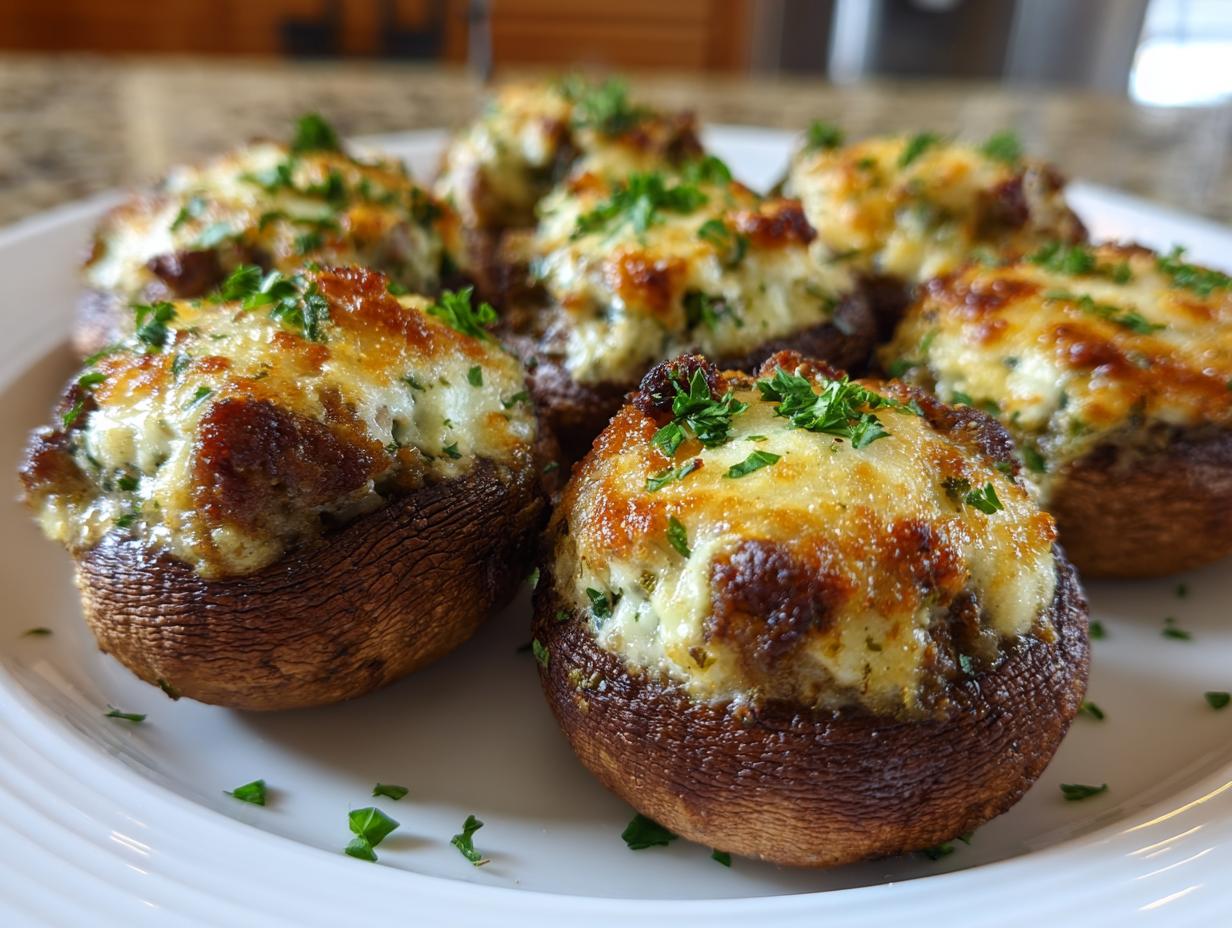 Several golden-brown sausage stuffed mushrooms topped with melted cheese and fresh parsley garnish.