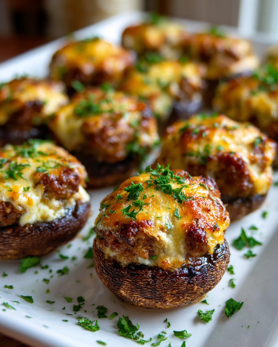 Close-up of baked sausage stuffed mushrooms topped with melted, browned cheese and fresh parsley.