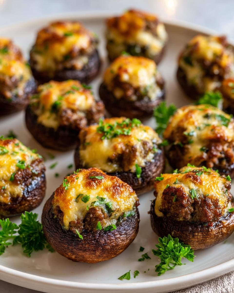 A platter of baked sausage stuffed mushrooms topped with golden melted cheese and fresh parsley garnish.