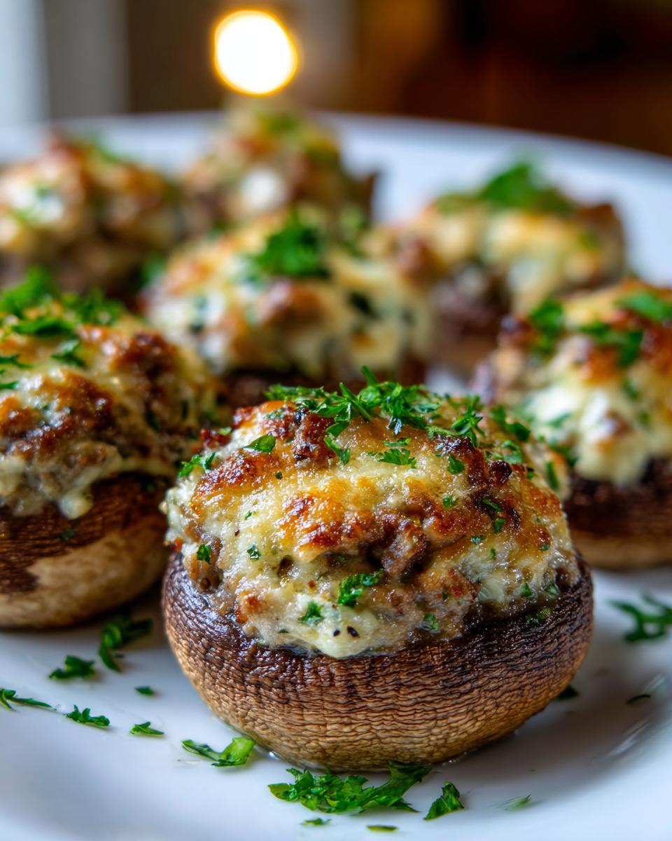 Close-up of baked sausage stuffed mushrooms topped with melted, browned cheese and fresh parsley garnish.