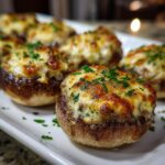 Close-up of baked sausage stuffed mushrooms topped with melted, browned cheese and fresh parsley garnish.