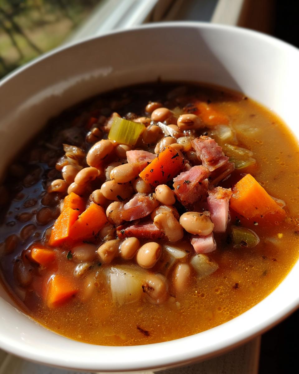 A close-up shot of savory 15 bean soup, featuring beans, chunks of ham, carrots, and celery in a rich broth.
