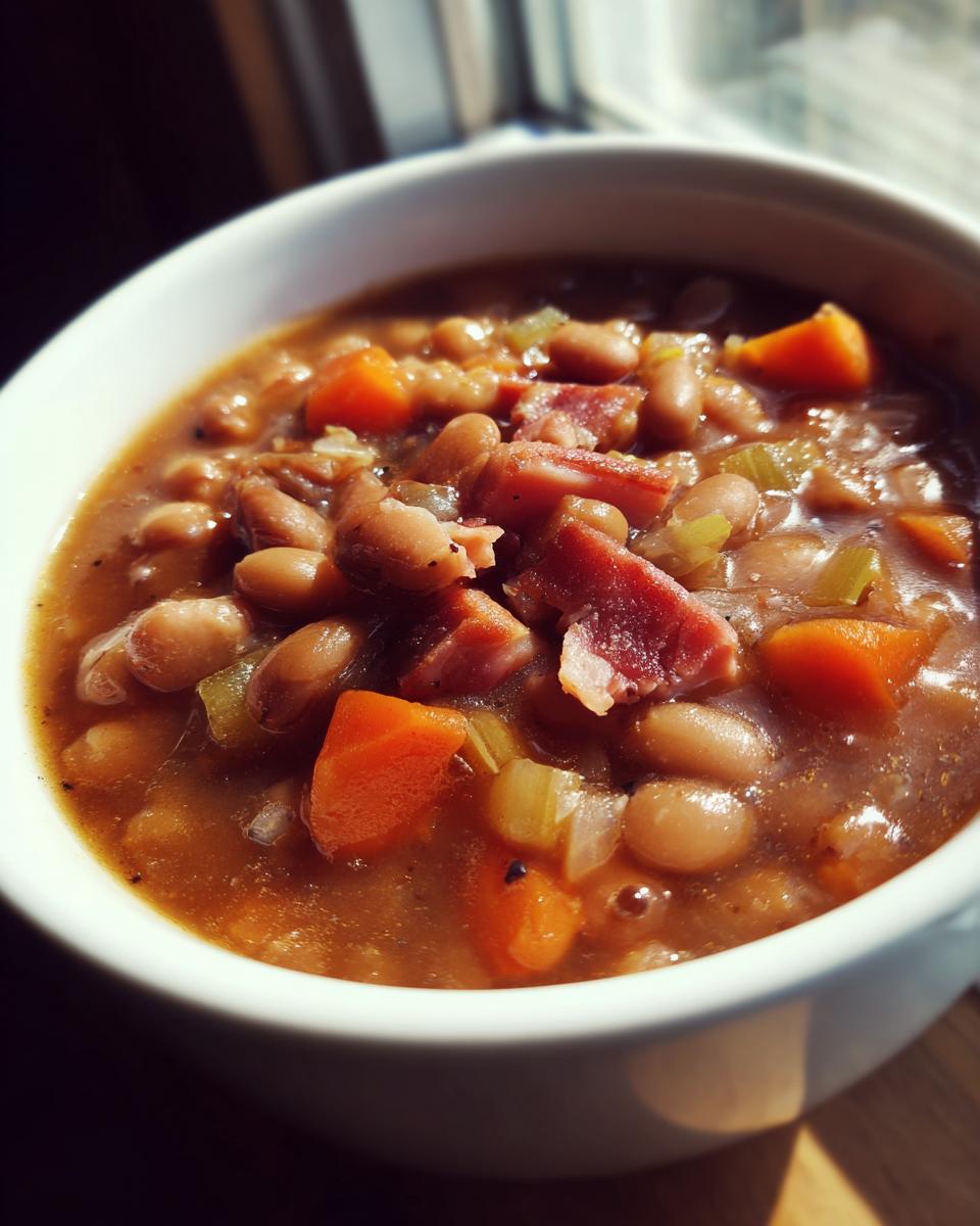 Close-up of a white bowl filled with savory 15 bean soup, featuring beans, carrots, celery, and chunks of ham.