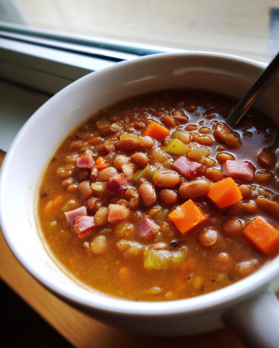Close-up of a white mug filled with savory bean soup, featuring beans, diced ham, carrots, and celery.