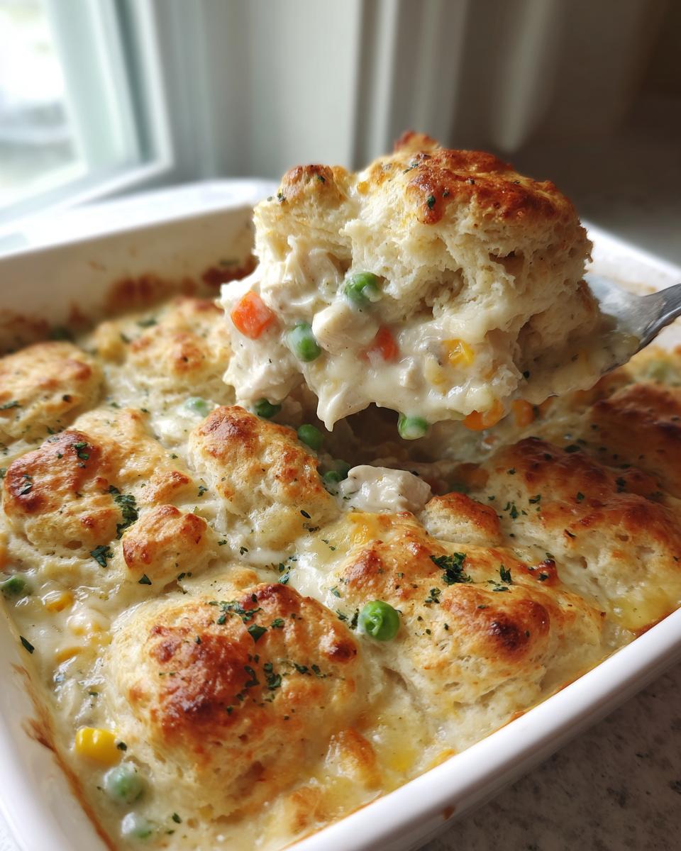 A spoonful of creamy chicken pot pie casserole, loaded with vegetables and topped with a golden biscuit, lifted from the baking dish.