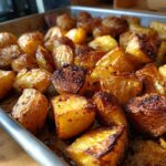 Close-up of golden brown, perfectly crispy roast potatoes fresh out of the oven on a metal tray.