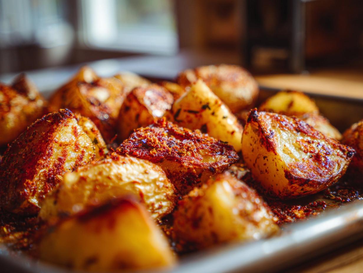 Close-up of golden brown, seasoned roast potatoes with a visible crunch on a baking tray.