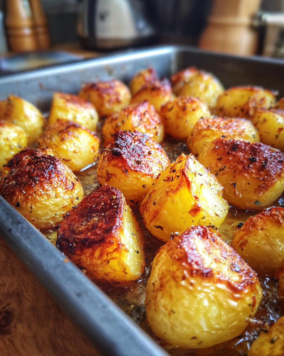 Close-up of golden brown, seasoned roast potatoes achieving amazing crunch in a metal baking tray.