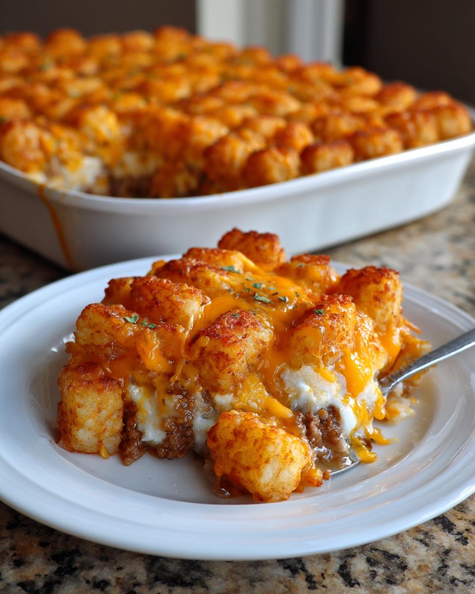 A serving of delicious tater tot casserole topped with melted cheddar cheese and crispy tater tots on a white plate.
