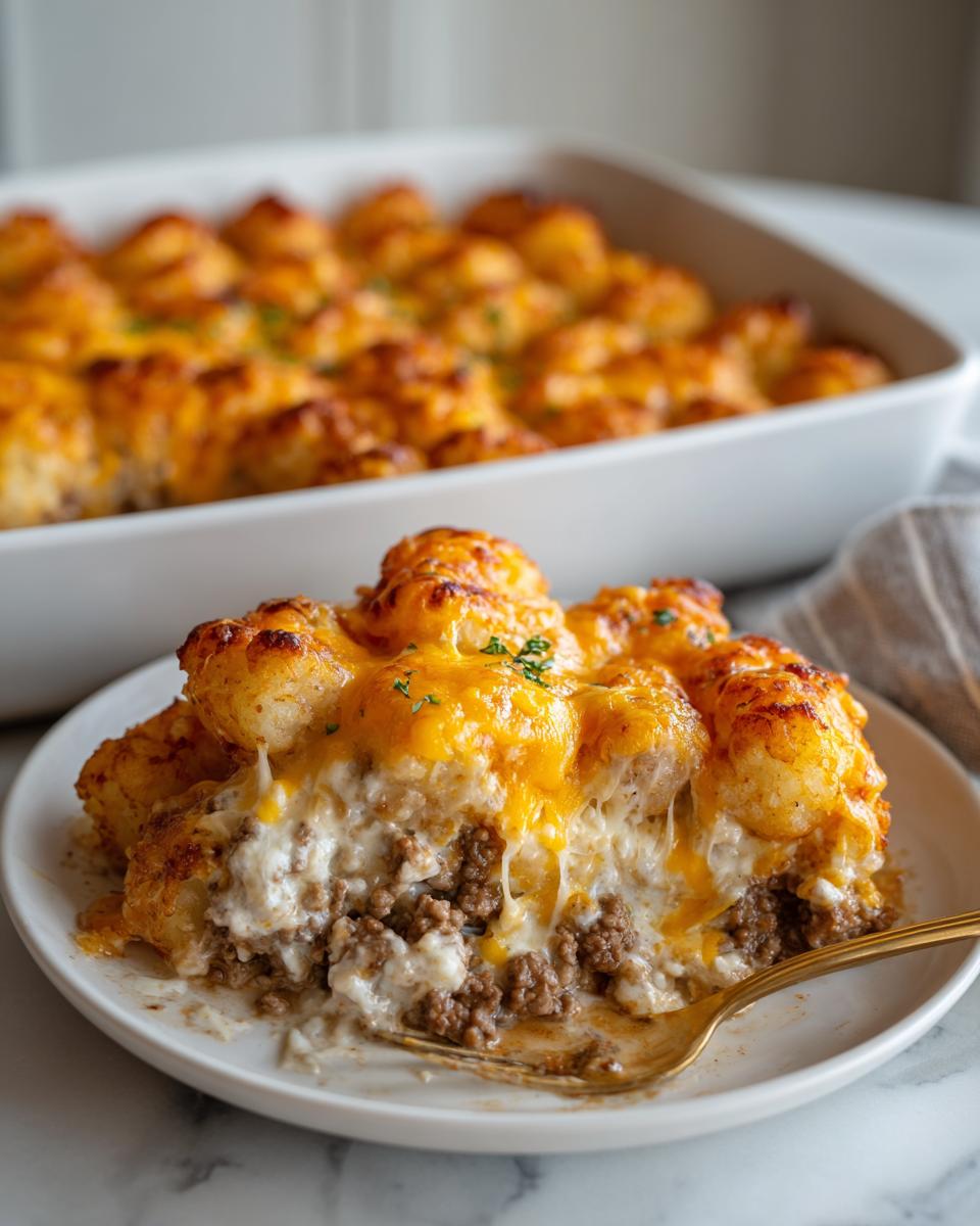 A generous serving of creamy tater tot casserole topped with melted cheddar cheese on a white plate.