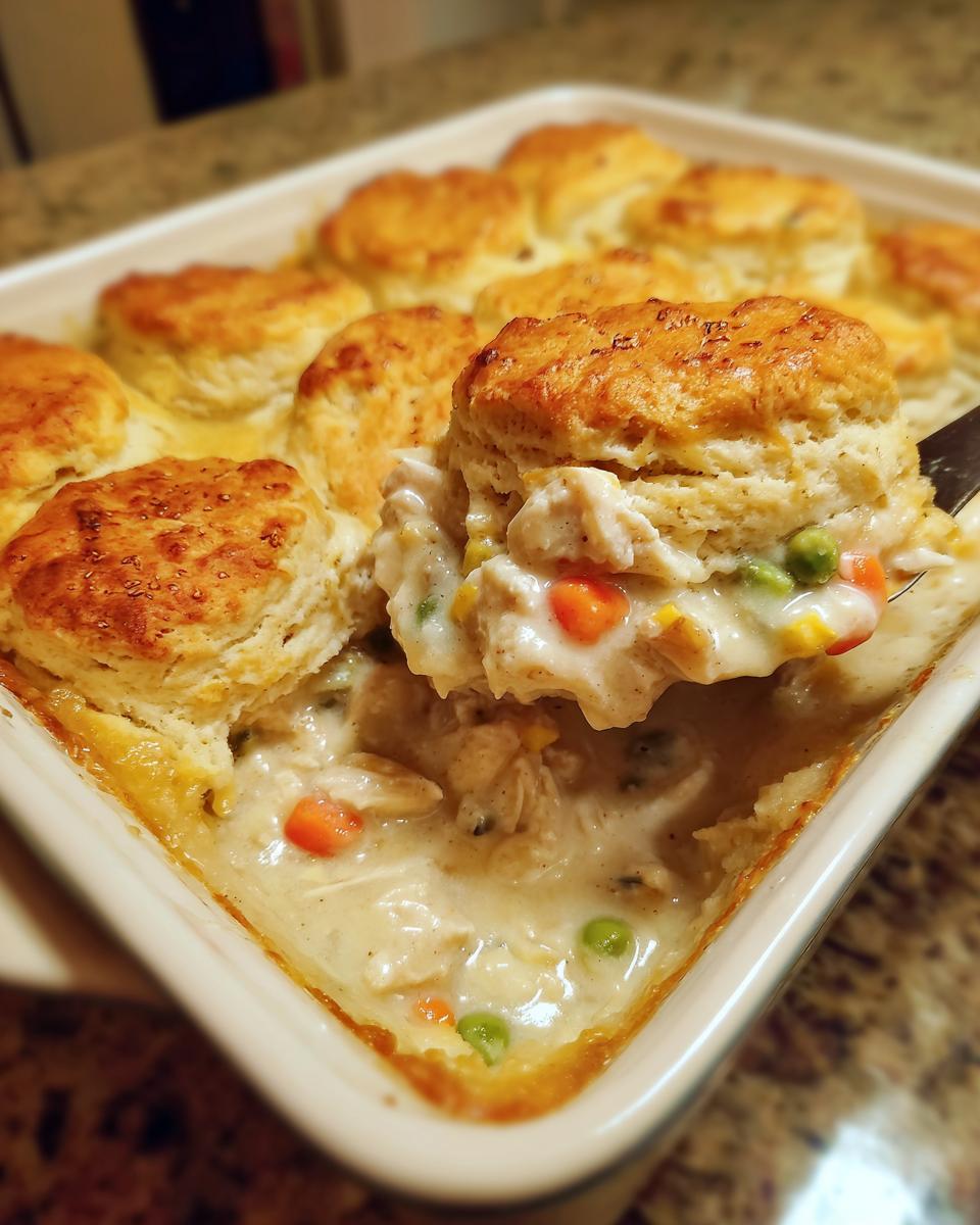 A spoonful of creamy chicken pot pie casserole filling topped with a golden biscuit being lifted from the baking dish.