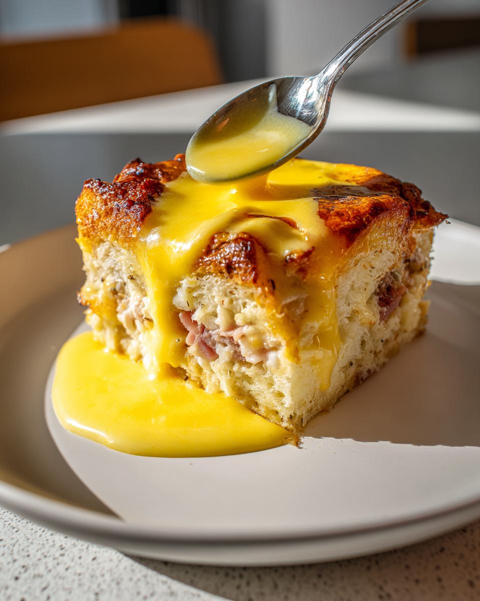 A square slice of eggs benedict casserole being drizzled with bright yellow hollandaise sauce from a spoon.
