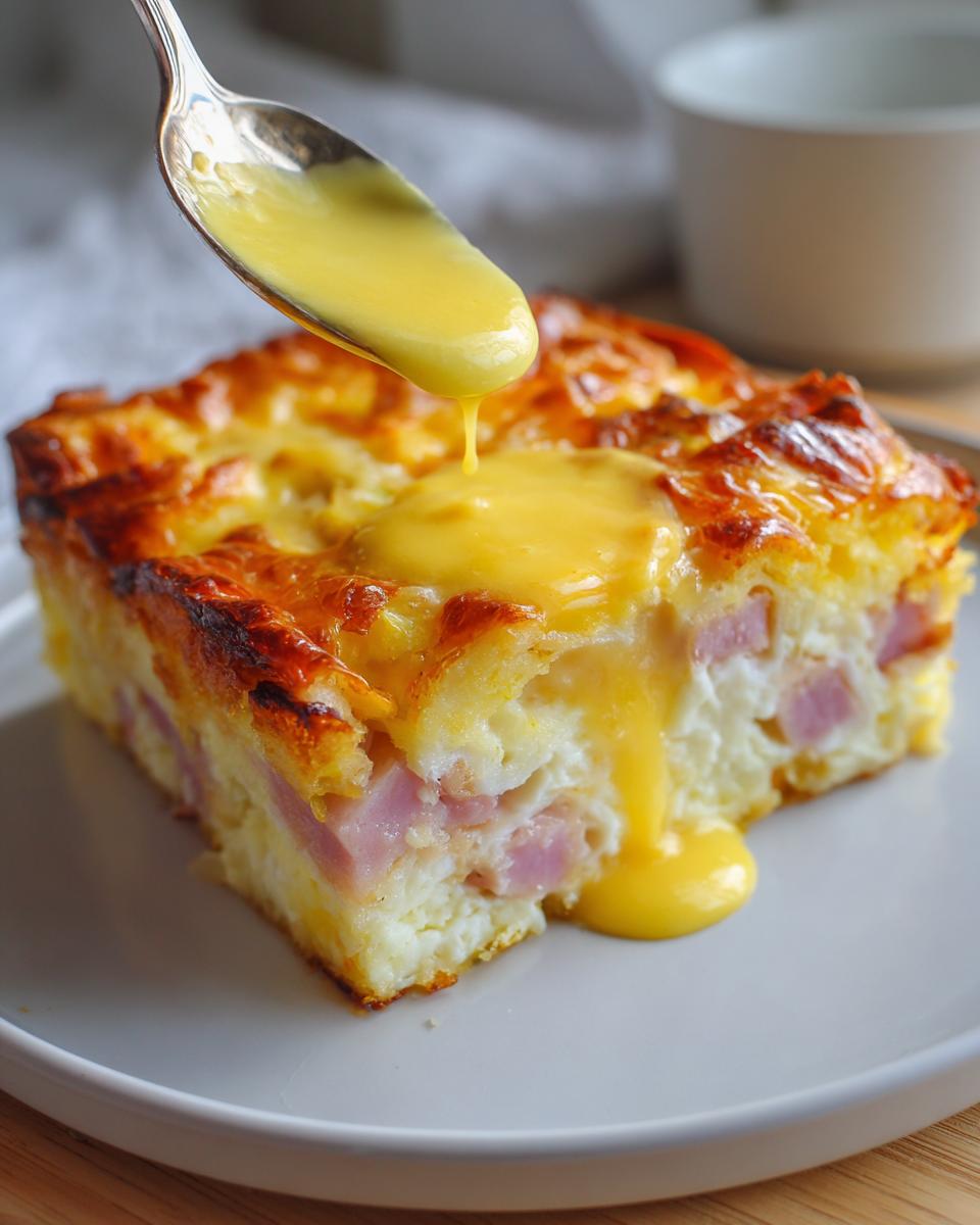 A square slice of baked eggs benedict casserole topped with rich hollandaise sauce being spooned over it.
