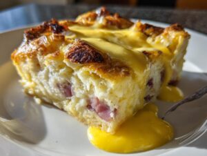 A close-up of a square slice of baked eggs benedict casserole topped with rich, yellow hollandaise sauce.