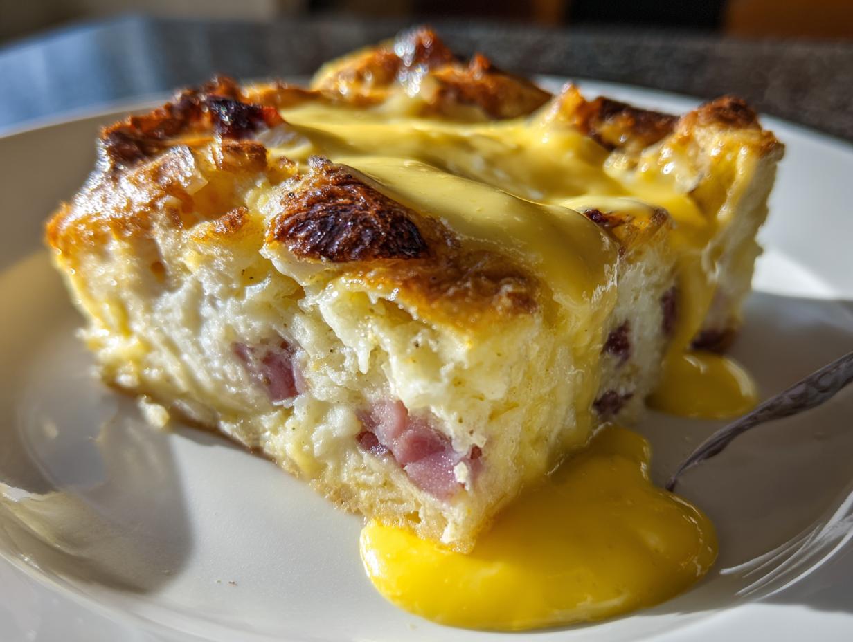 A close-up of a square slice of baked eggs benedict casserole topped with rich, yellow hollandaise sauce.