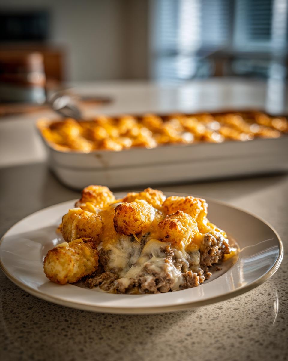 A serving of tater tot casserole featuring ground meat, melted cheese, and golden, crispy tater tots on a white plate.