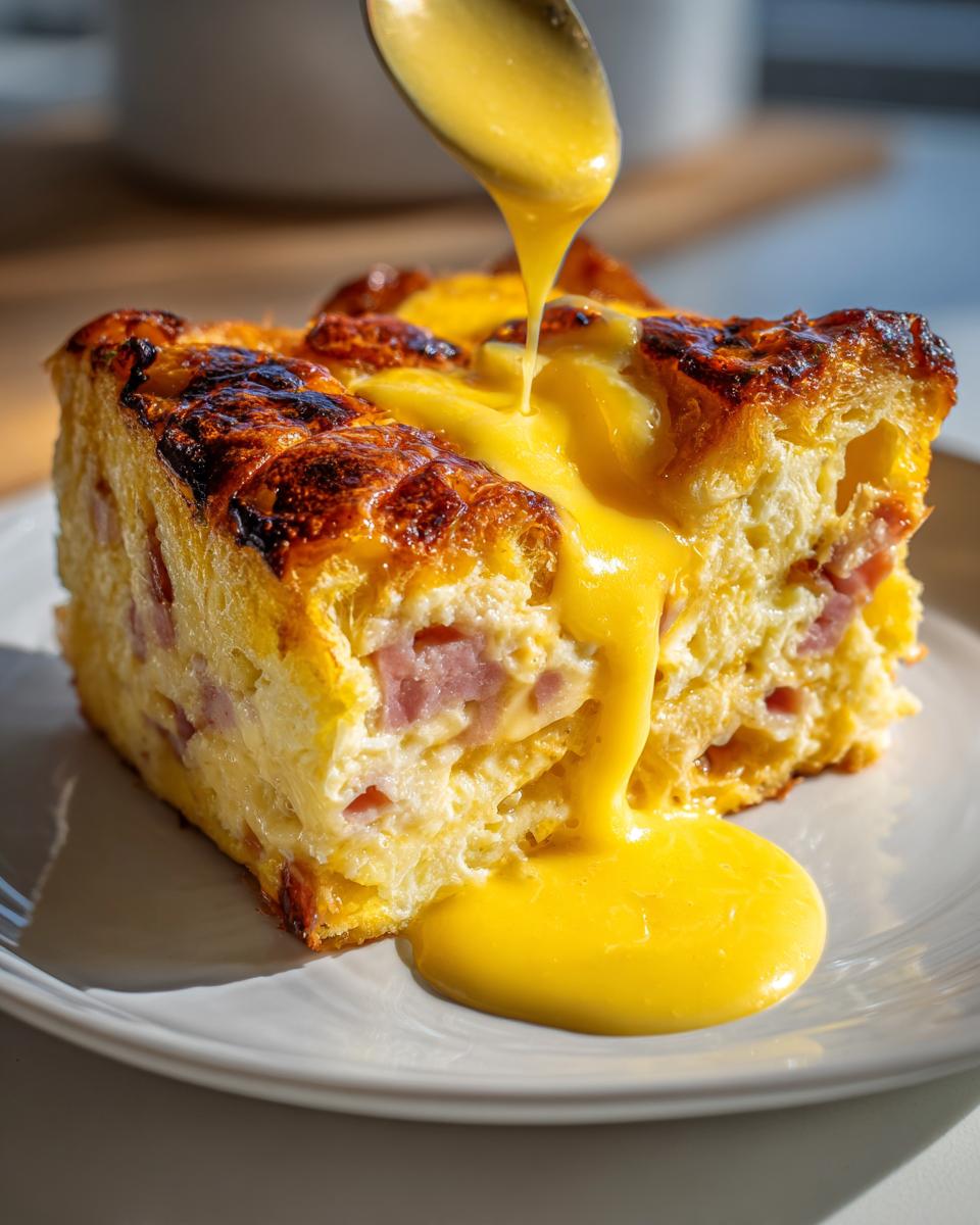 A thick slice of baked eggs benedict casserole topped with rich, yellow hollandaise sauce being drizzled from a spoon.