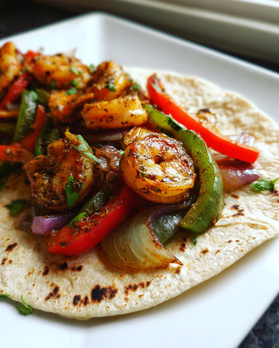 Close-up of seasoned shrimp, red peppers, green peppers, and onions served on a soft tortilla for shrimp fajitas.