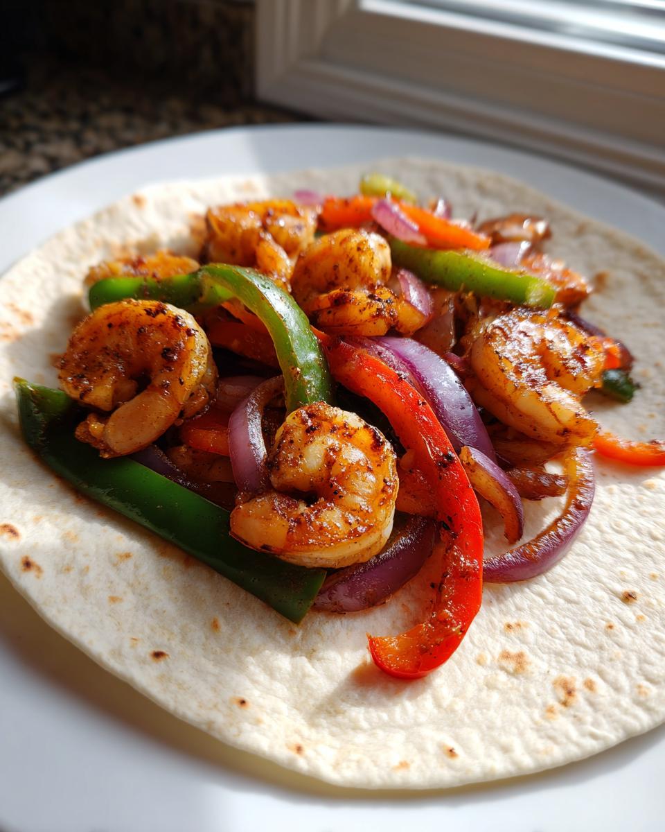 Close-up of seasoned shrimp fajitas filling with red and green peppers and onions served on a soft flour tortilla.