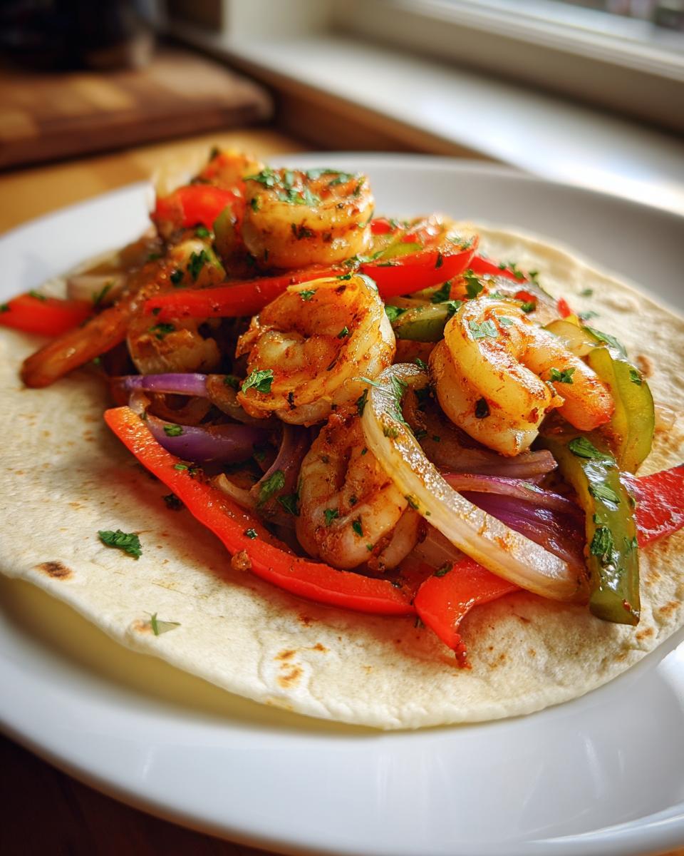 A single serving of seasoned shrimp fajitas with sautéed red peppers and onions served on a soft flour tortilla.