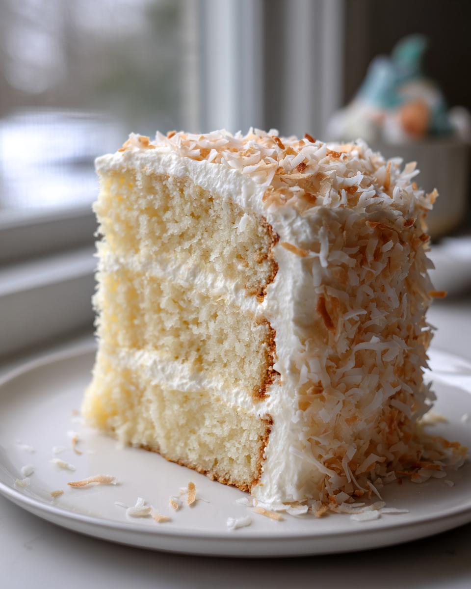 A tall slice of moist coconut cake layered with white frosting and covered in toasted coconut flakes.