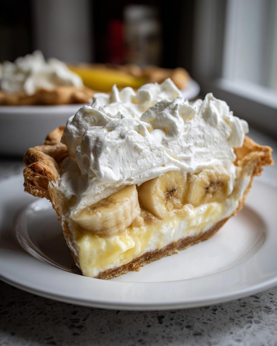 Close-up of a thick slice of banana cream pie showing layers of crust, custard, sliced bananas, and tall whipped cream topping.
