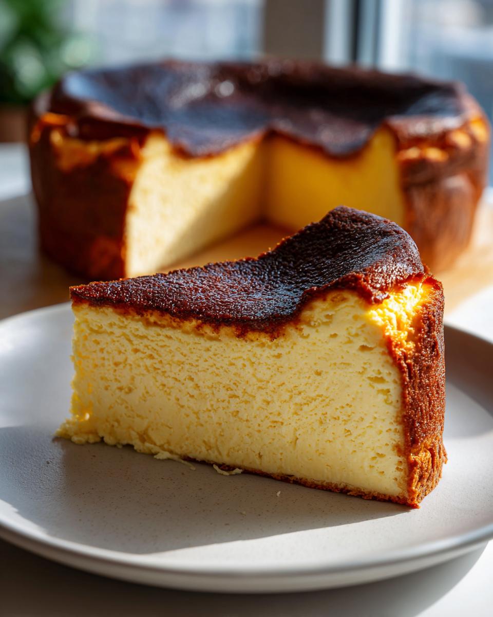 A perfect slice of creamy Basque burnt cheesecake with a dark caramelized top on a light plate, with the rest of the cake blurred in the background.