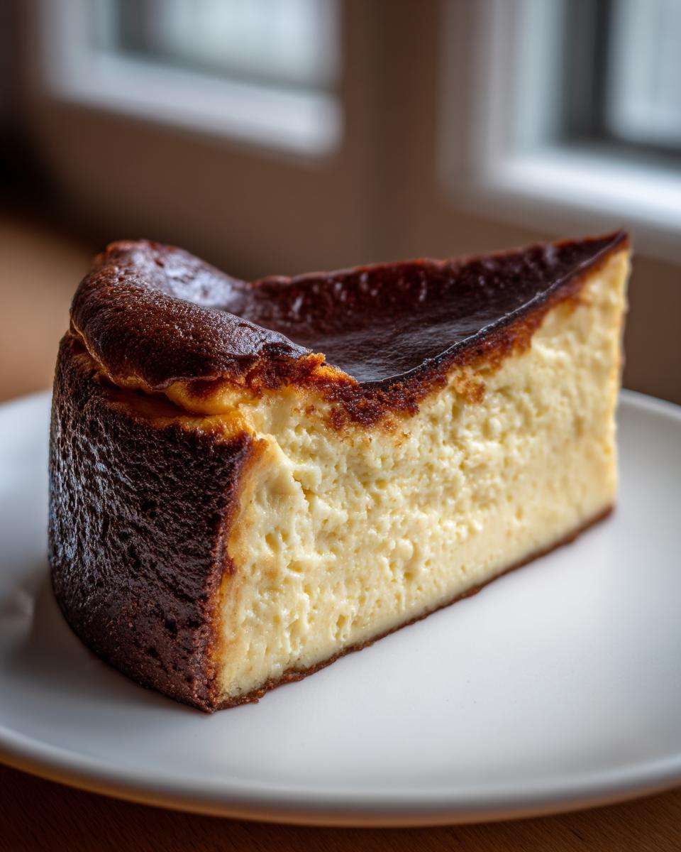 A single slice of creamy Basque cheesecake with its signature dark, caramelized top, served on a white plate.
