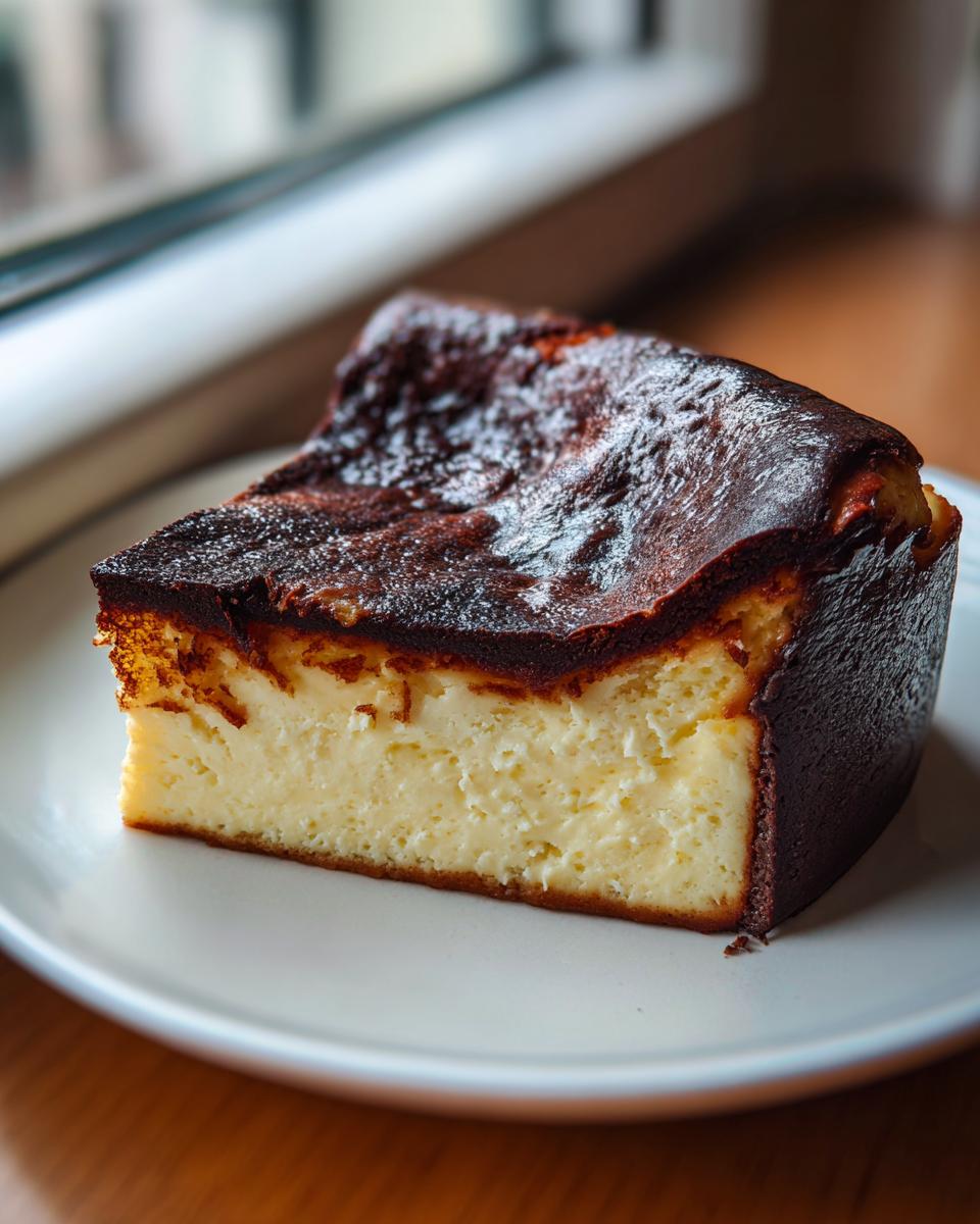 A thick slice of creamy basque cheesecake with a deeply caramelized, almost burnt top, served on a white plate.