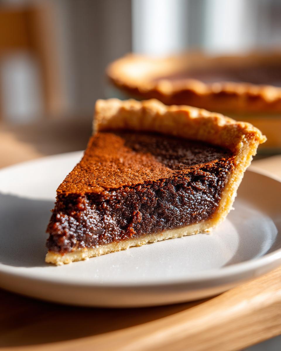 A close-up of a decadent slice of chocolate chess pie on a white plate, showing the dark, fudgy filling.