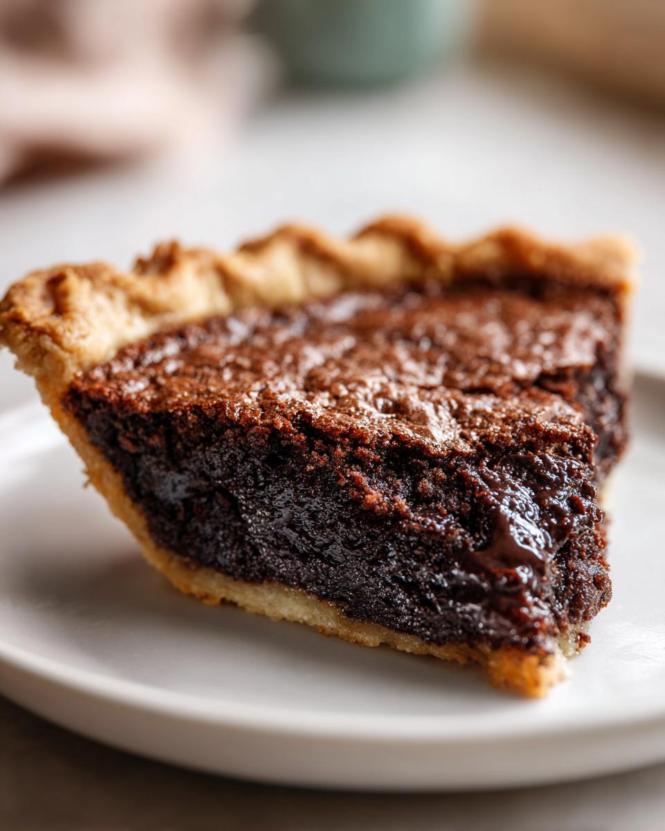 A close-up of a single slice of rich, dark chocolate chess pie with a flaky crust on a white plate.
