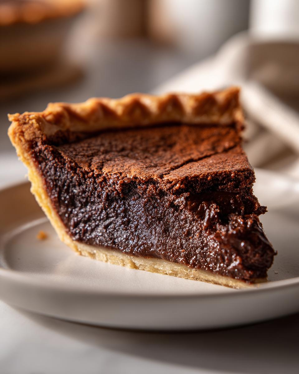 A close-up of a decadent slice of chocolate chess pie showing the dark, fudgy filling and flaky crust.