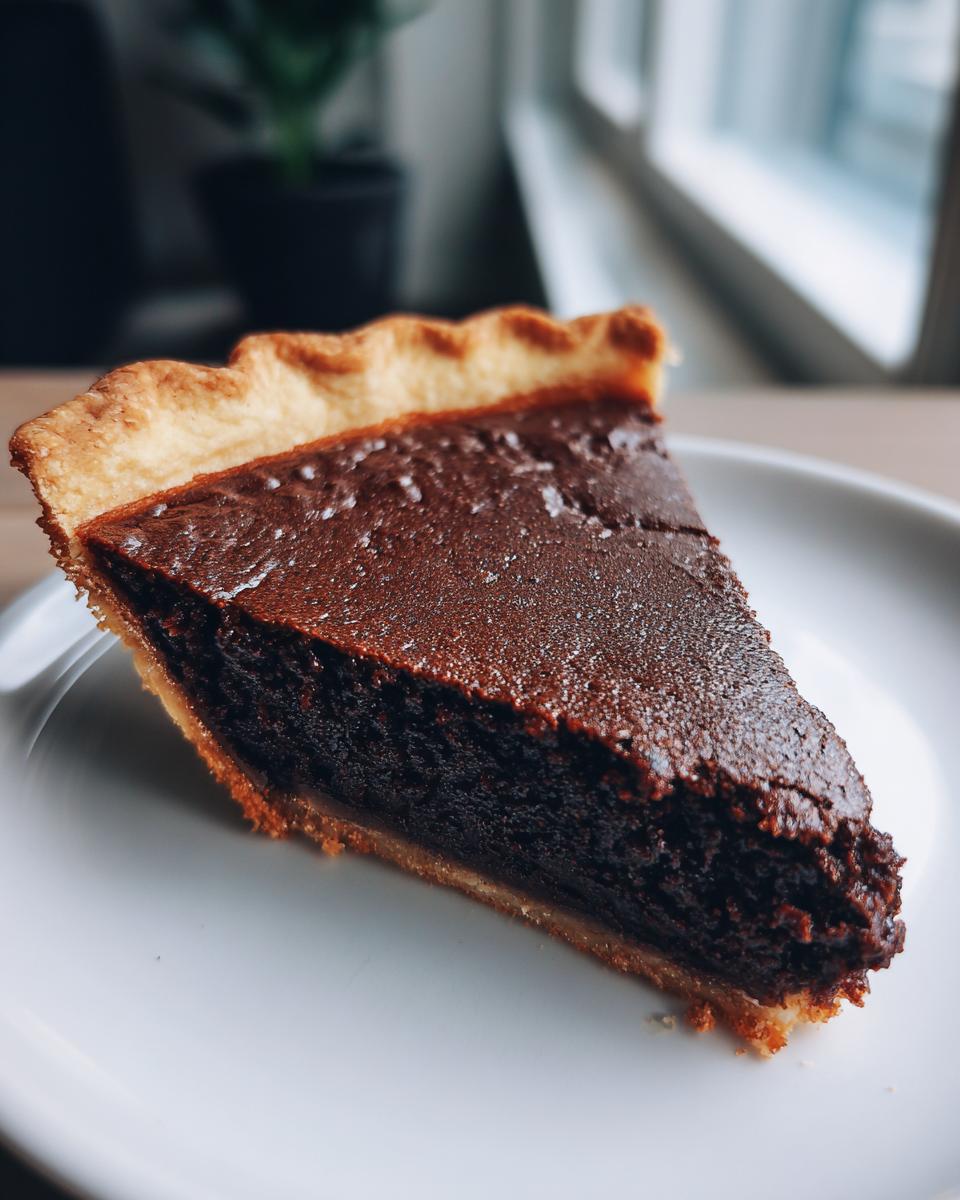 A close-up of a decadent slice of chocolate chess pie with a flaky crust, served on a white plate.