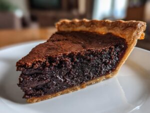 A close-up view of a thick slice of dark chocolate chess pie resting on a white plate.