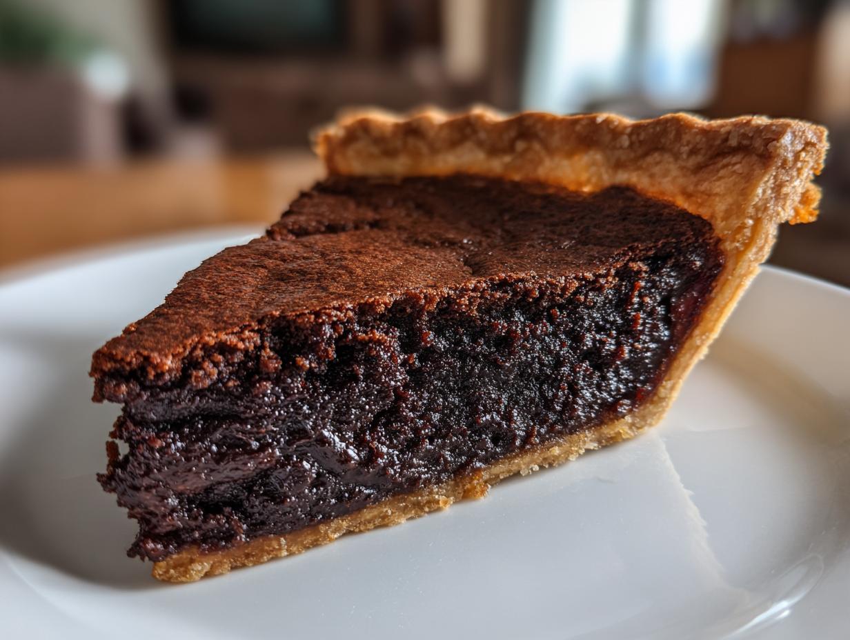 A close-up view of a thick slice of dark chocolate chess pie resting on a white plate.
